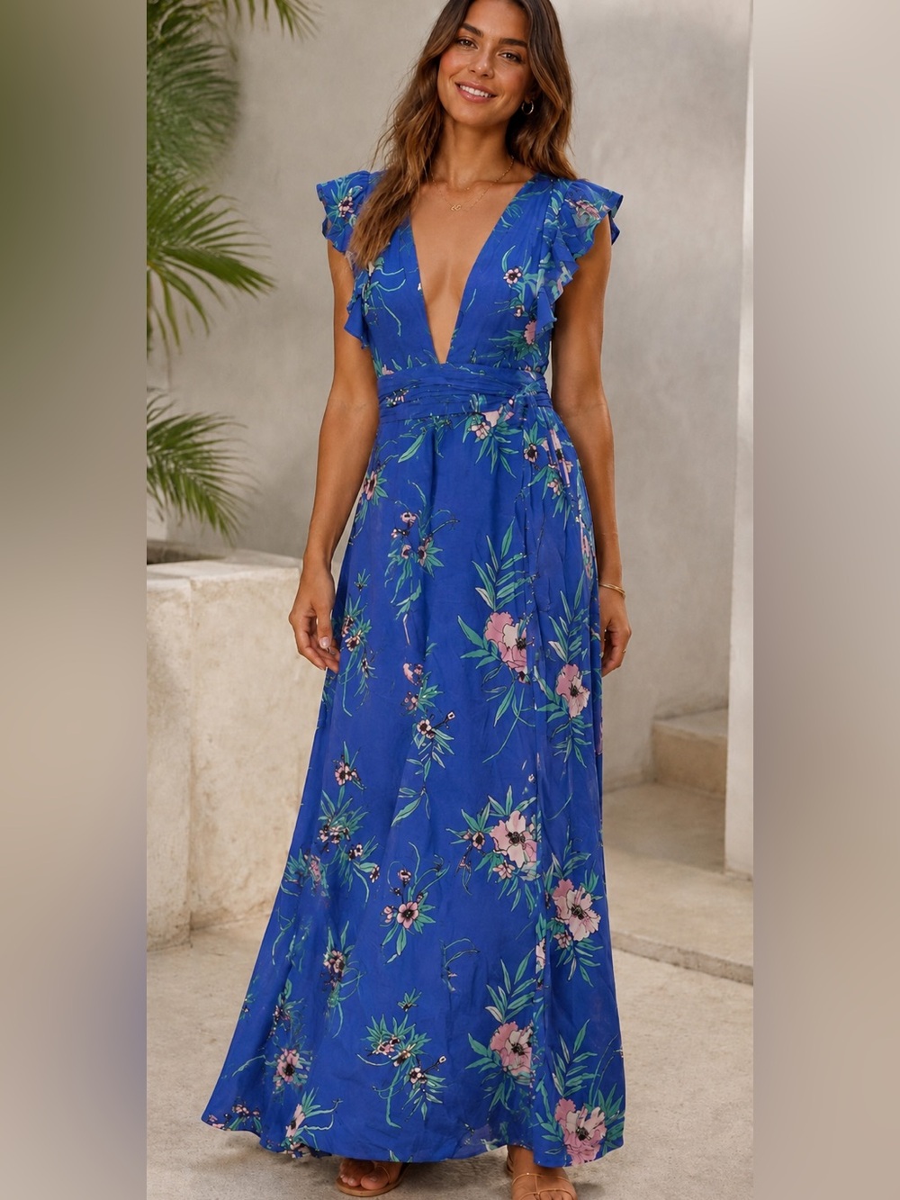 America & Beyond Blue Floral Maxi Dress Ruffle Sleeve Boho Tie Waist Size S